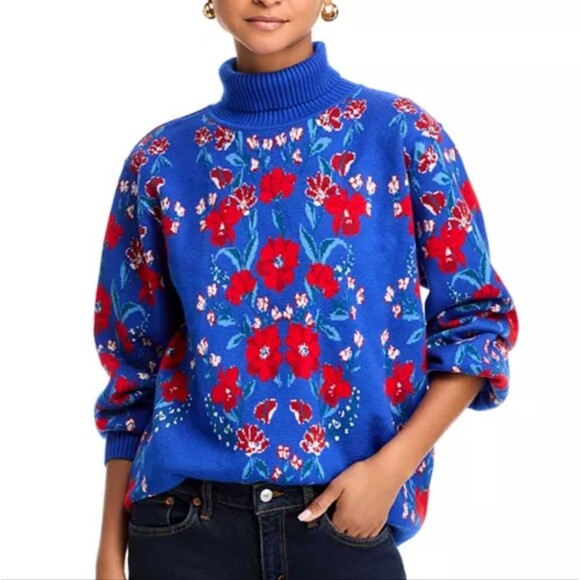 Farm Rio Butterflower Knit Turtleneck Sweater Size XL Blue and Red - Picture 1 of 11